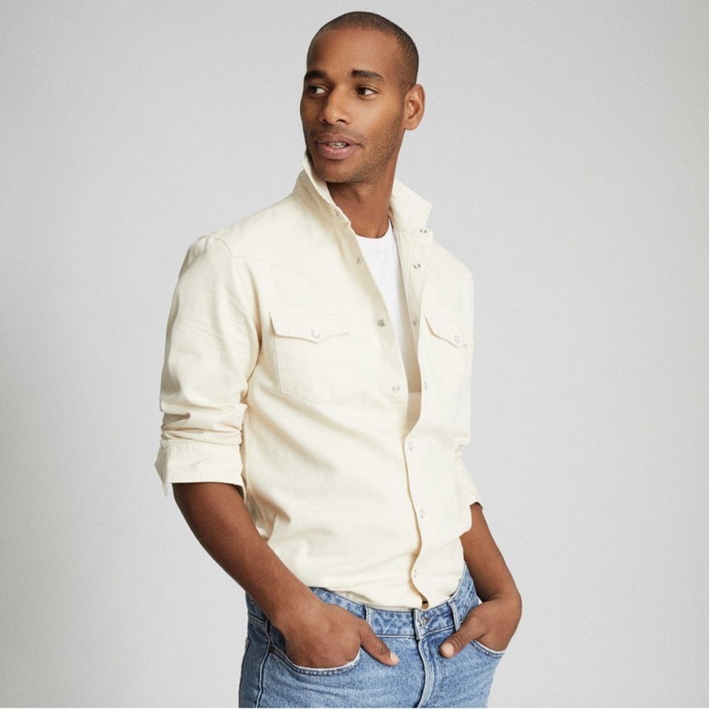 Reiss Bairstow Western Twin Pocket Overshirt Size Small Cream Snap Button Cotton